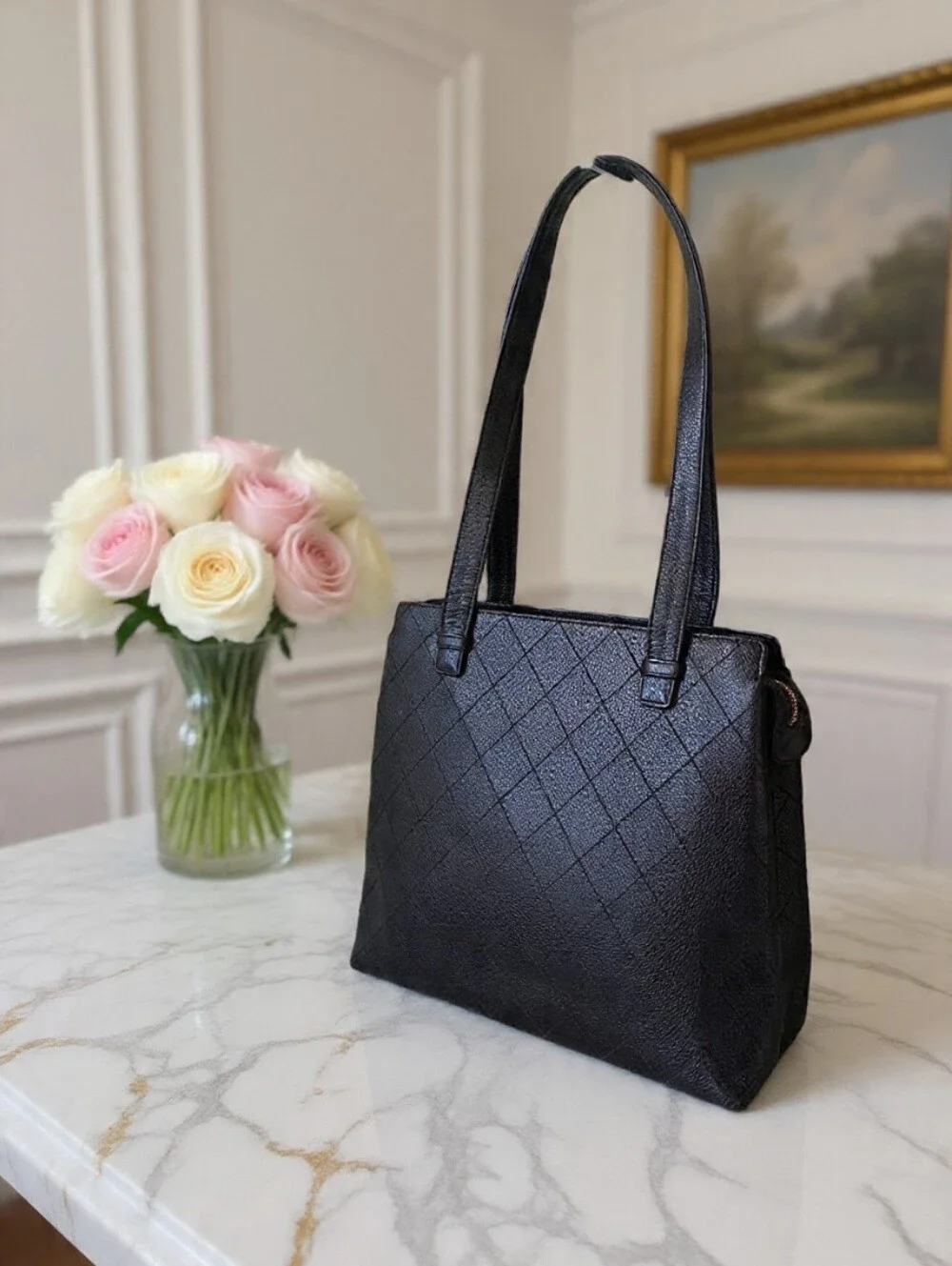Chanel Vintage Black Caviar Diamond Quilted Shoulder Tote ✨ LIKE NEW
